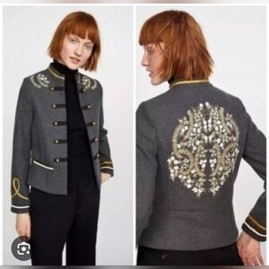 Zara TRF Embroidered Military Jacket | Charcoal Gray Gold Braid Buttons | Rare